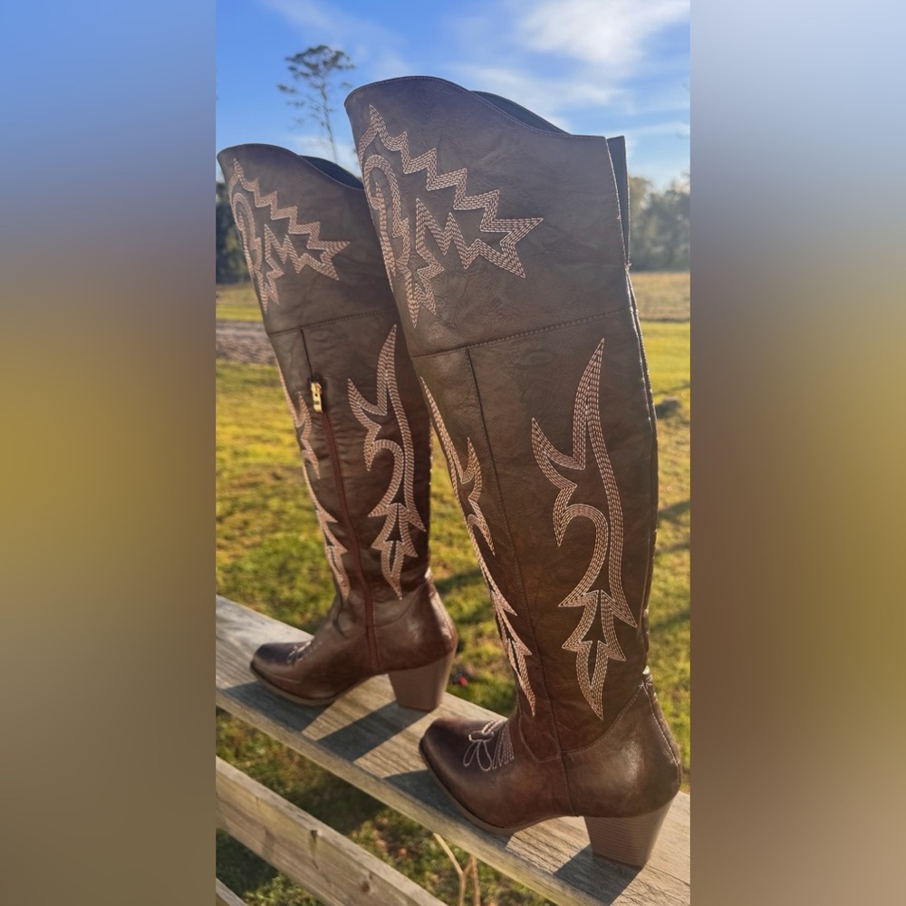 NEW Beautiful chocolate marbled brown over the knee boutique cowgirl boots 😍 - Picture 4 of 9